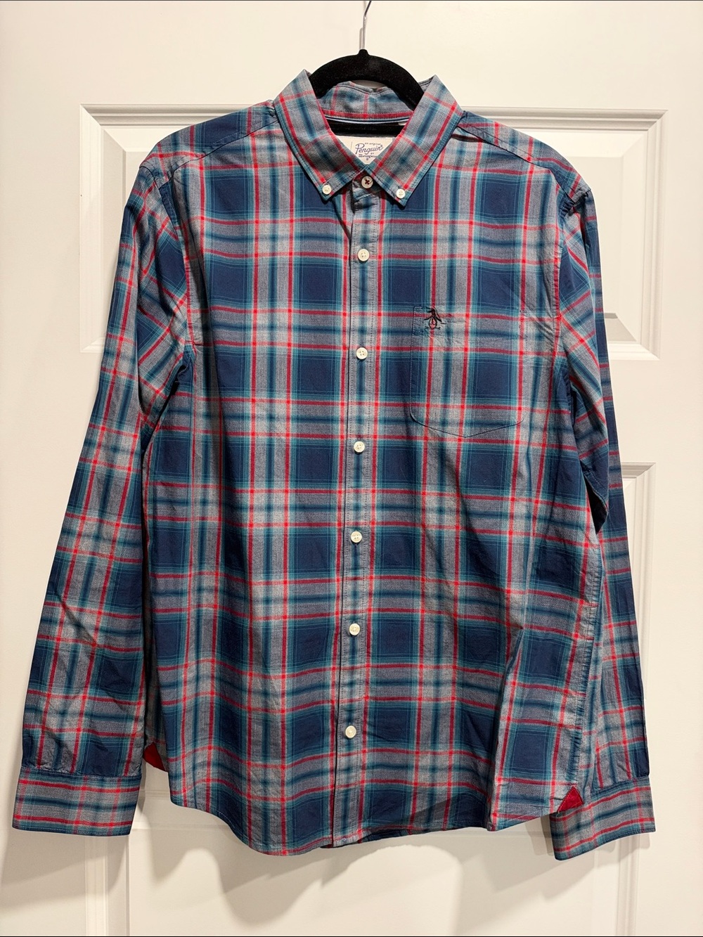 Original Penguin Blue Plaid Button-Down Shirt with Red Accents